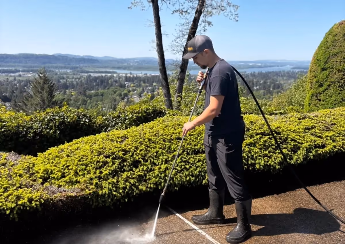 Tim Kovalchuk, Cascade Armor owner, cleaning an outdoor patio
